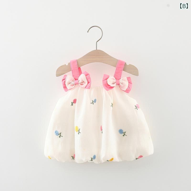シャドーテールの女児 ワンピース 吊り帯 プリンセススカート 蝶結び 刺繍 花柄 コットン 綿素材 ピンク ホワイト 夏用 かわいい 軽量 肌触り良い 通気性 女の子 キッズ 子供服 1-3歳 80-110cm｜アングル3
