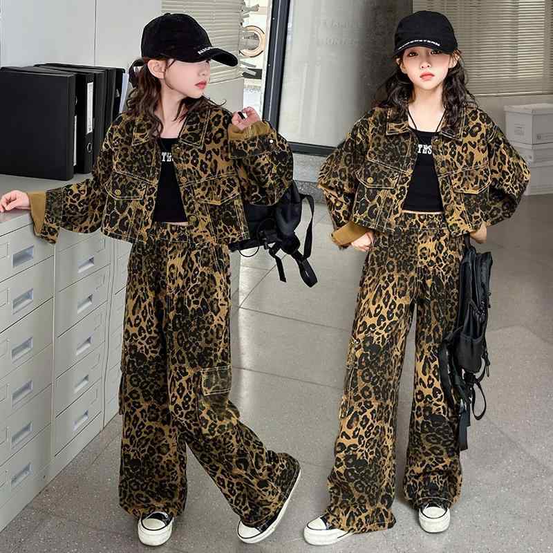 女児 ヒョウ柄 セットアップ 春秋 綿素材 柔らかい レディースキッズ ミッド ビッ...