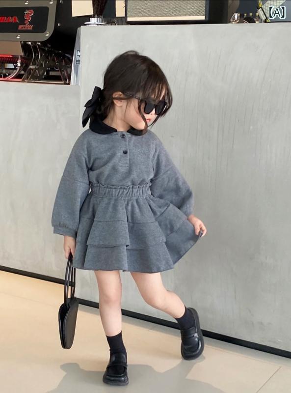 女児 スカート セット ポロ ブラック フラップカラー トップス ケーキスカート ニ...