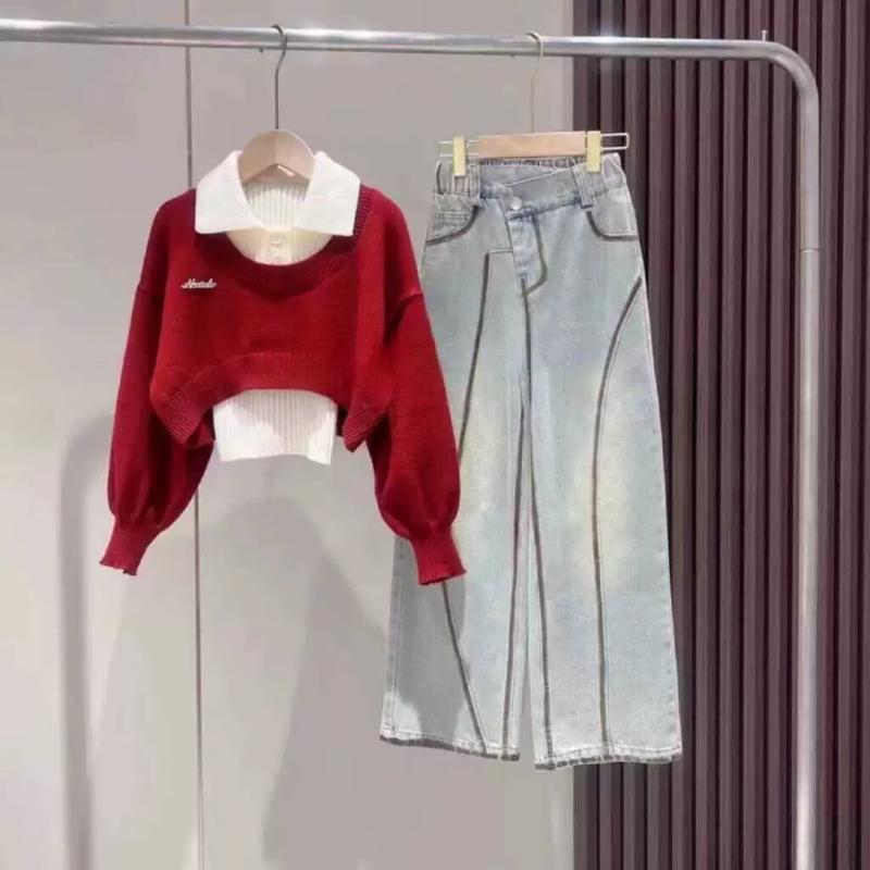 Rakuten - 女児 秋冬 トップス 長袖 セーター ポリコットン デザイン 個性 ワイドパンツ デニム 柔軟 加工 加厚 長丈 セット かわいい スタイル 長袖 ポロカラー 短丈 セーター ライトブルー ディープグレー 赤系 コットン 素材 伸縮性 高い 暖か 素材