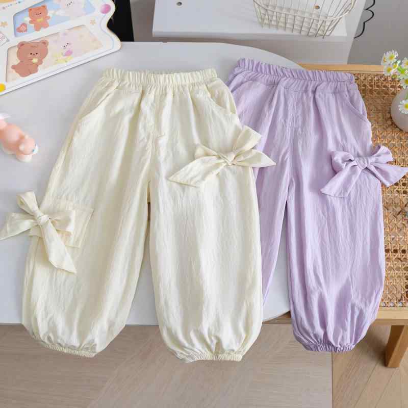 女児 夏用 防蚊パンツ 防晒 涼感 長ズボン 灯籠パンツ ワイドシルエット 柔軟素材 綿80% 紫ロラン 米白 ホワイト かわいい プリンセス 蝶結び 基本款 1-3歳 90-130cm