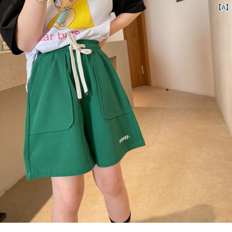 子供用 男女兼用 夏用 運動短パン 子供服 短丈 膝上丈 ゆったり ワイドシルエット 高腰 伸縮性 柔軟素材 吸湿速乾 ポリエステル 綿混紡 グリーン ネイビー 緑 紺色 子供 ジュニア ボーイズ ガールズ スポーツ レジャー 日常使い 軽量 通気性 快