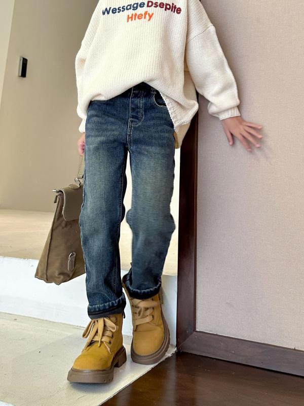 Miscellaneous Goods, Small Goods - 女の子 牛仔パンツ 秋冬 中大童 暖か加绒 加厚 水洗 コットン 70% 長ズボン 高腰 韓国風 柔らかい 生地 冬用 ブルー かわいい スタイル 普段使い 軽量 伸縮性 子供服 女児 デニム ズボン 暖か 保温 通学 遊び着