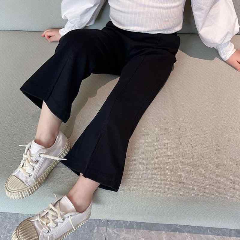 キッズ 女の子 長ズボン コットン 素材 快適 柔軟 処理 紫外線 防護 純色 黒 グレー 系 春秋 シーズン ハイウエスト スナップ 腰 バンド 韓国 スタイル フレア デザイン スリット サイド ビッグ シルエット 日常 着用 3 から 8 歳 対応