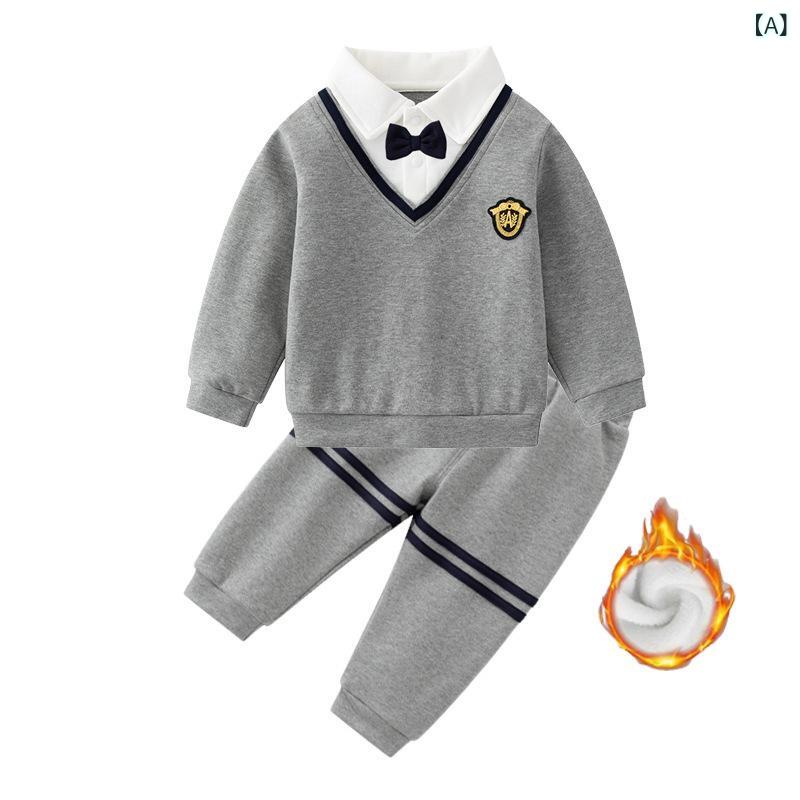 男の子 子供服 セットアップ 秋冬 長袖 シャツ 長ズボン 綿素材 柔らかい 厚手 暖か プレッピー スタイル 1-3歳 インファント グレー ブルー 宝藍 通年 普段使い ギフト ラッキーアイテム