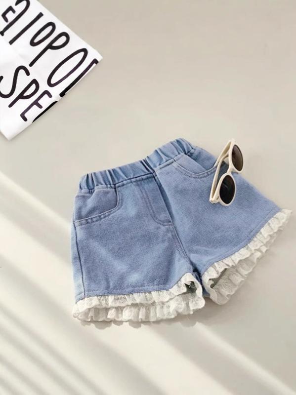 Culottes - 女児 キッズ デニム 短パン 牛仔 ショートパンツ 夏 春夏 綿 コットン 素材 柔軟 酵素洗い 加工 高腰 ハイウエスト 薄手 軽量 百搭 コーディネート 自由 韓版 スタイル 洋気 トレンド かわいい 花柄 蕾絲 花邊 刺繍 ハート 蝶結 リボン カ