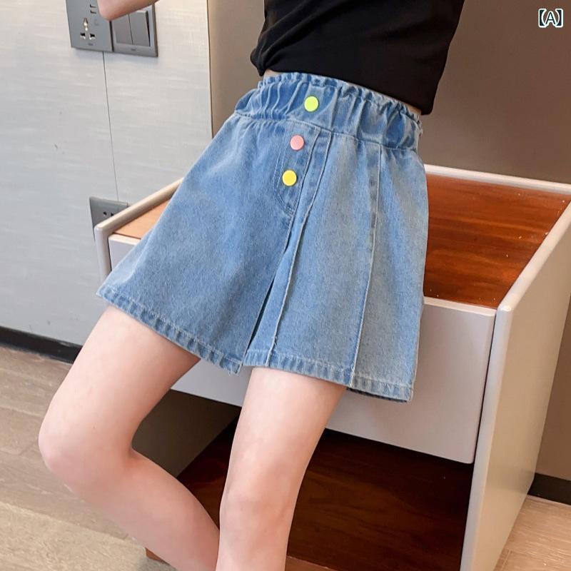 Culottes - 女児 デニム ショートパンツ キッズ 女の子 中大童 夏用 綿 95% 柔軟素材 純色 ブルー 韓版 高腰 スリムフィット 短丈 スキニー デニム かわいい 日常使い 通学 軽量 伸縮性 吸湿速乾 接触冷感 ビッグシルエット Vネック風 ハイウエスト 切