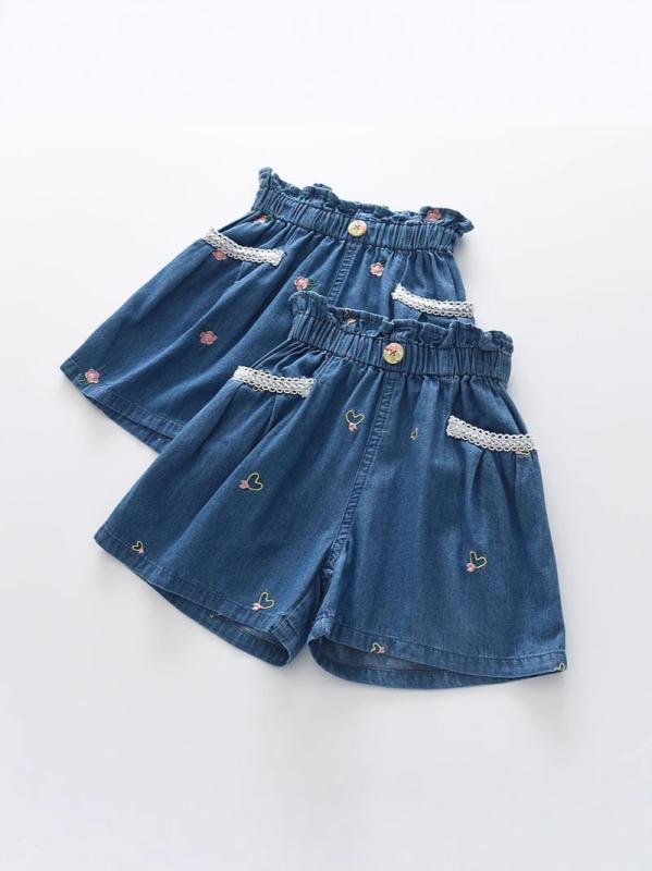 女児用 牛仔 短パン 夏 キッズ ガールズ デニム ショーツ 綿100% 柔軟素材 花柄刺繍 花朵 ハート 深色 ライトカラー 中腰 ゴムウエスト 韓風 スタイリッシュ 日常 遊び着 軽量 通気性 吸湿速乾 花邊 アクセサリー かわいい 子供服 3-8歳