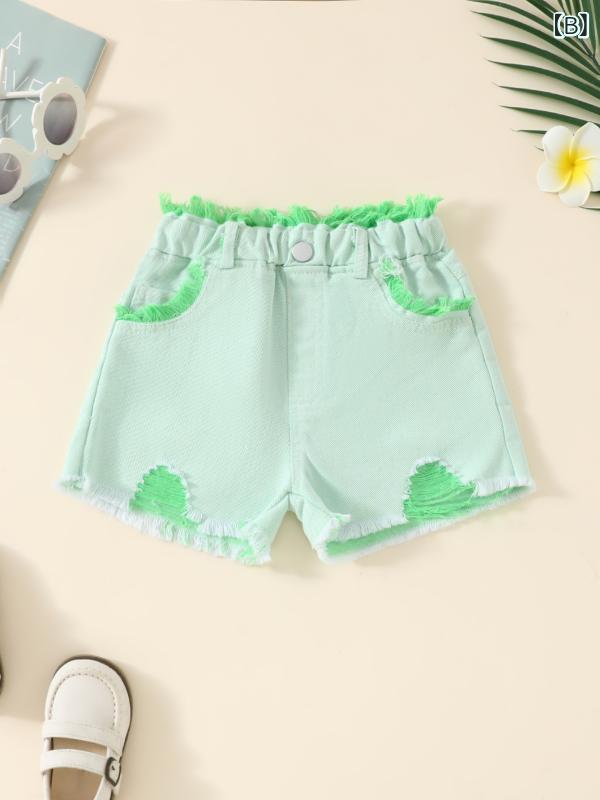 女の子 短パン 春夏 コットン デニム かわいい 粉色 ライトグリーン 中腰 伸縮性 ...