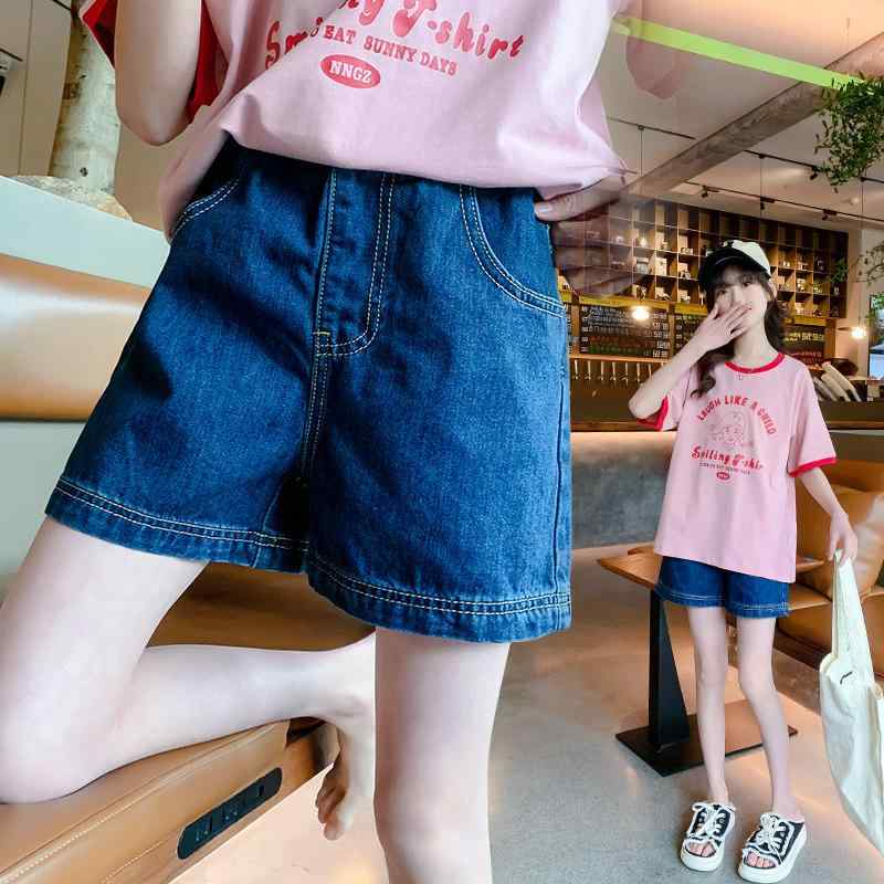 Culottes - 女児 デニム ショートパンツ 夏 子供 女の子 綿 混紡 柔らかい 素材 基本 デザイン ミッドライズ 伸縮 ウエスト ダークブルー 120cm 130cm 140cm 150cm 160cm 170cm ミッド ビッグ サイズ 夏服 アクティブ 普段使