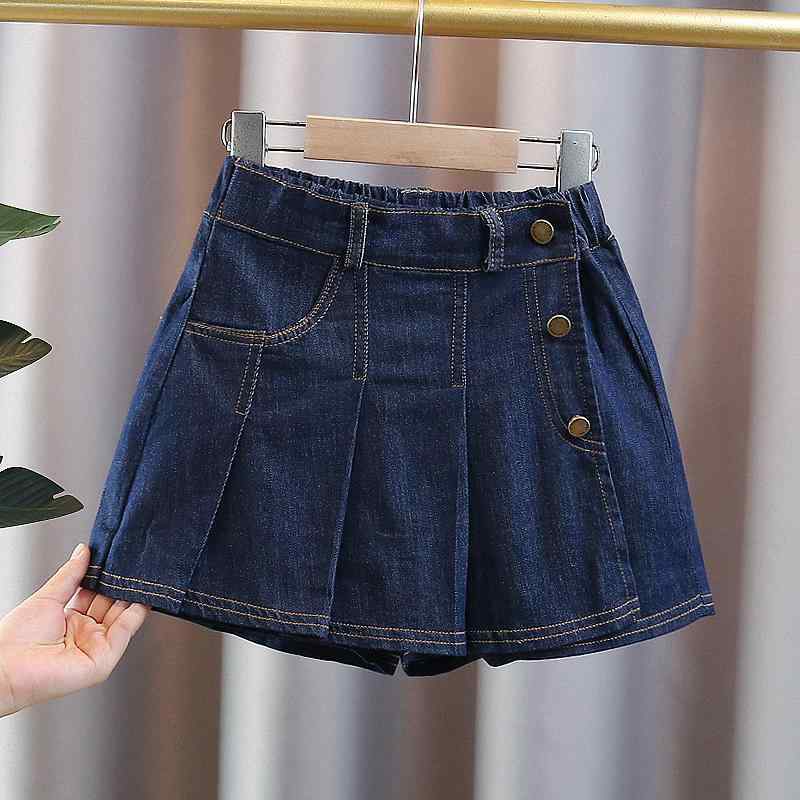 女の子 デニム スカートパンツ 夏 子供 短パン 百褶 スカート 半身 ミッドレングス かわいい デザイン 高腰 系紐 綿 混紡 柔らかい 生地 ブルー カラーリング 軽量 快適 普段使い 遊び着 成長期 対応 伸縮性 あり 吸湿速乾 機能