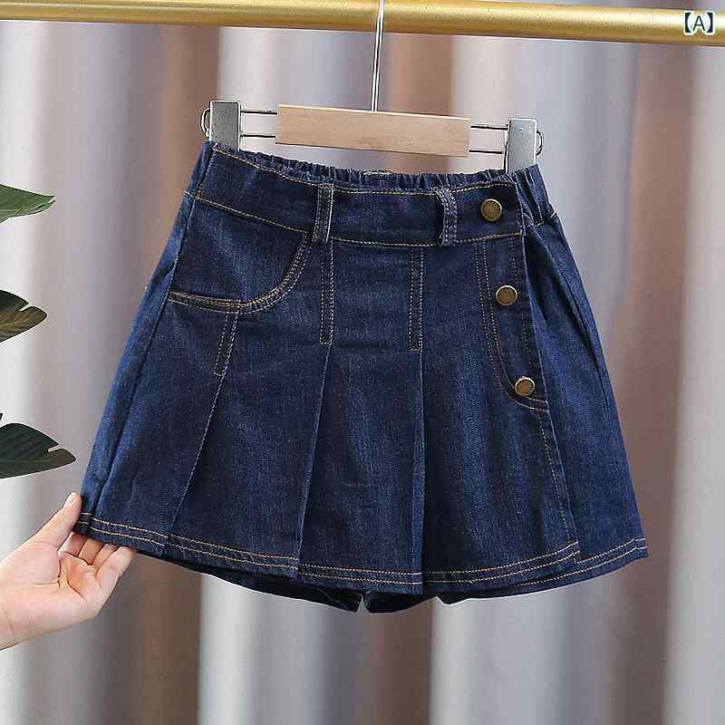 女の子 デニム スカートパンツ 夏 子供 短パン 百褶 スカート 半身 ミッドレングス...