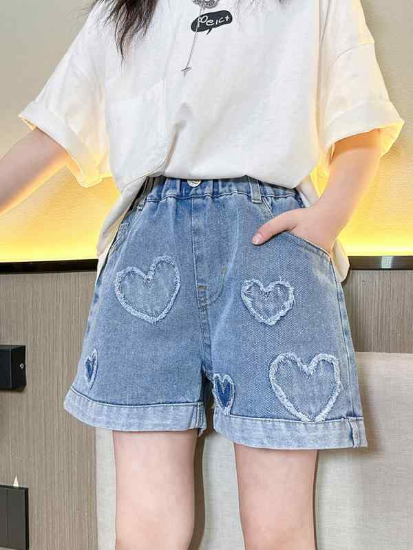Culottes - 女児 ショートパンツ デニム コットン 夏 子供服 女の子 中大童 薄手 熱パン ハート モチーフ 韓流スタイル 柔らかい素材 純色 ブルー 中腰 伸縮性 軽量 動きやすい 普段使い スポーツ トレンド ストリートファッション カジュアル