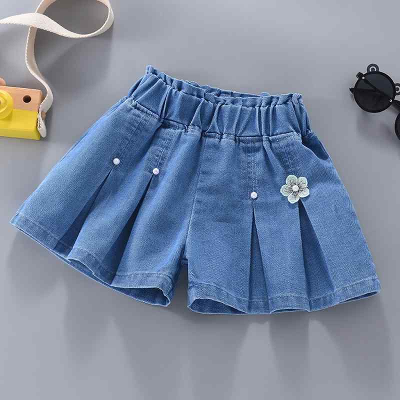 Culottes - 女児 スカートパンツ ソフトデニム 短パン 夏 薄手 プリンセススタイル 花柄 花辺 柔らか素材 高腰 ゴムウエスト ワイドシルエット かわいい 女の子 子供服 普段使い 軽量 伸縮性 花朵柄 女童 ホットパンツ