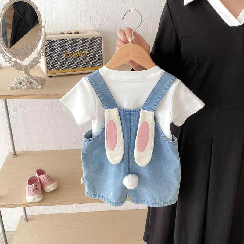 女の子 ベビー 背带パンツ 牛仔 短パン 綿素材 コットン 接触冷感 夏用 かわいい ウサギ耳 デザイン デニム ブルー 軽量 通気性 伸縮性 普段使い 女児 キッズ 子供服 0-5歳 3-8歳 中小童 100-140cm 純色 トレンド 韓国スタイル