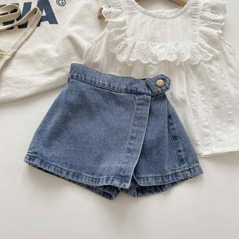 Culottes - 女の子 短パン デニム 牛仔 スカートパンツ 子供服 女児 夏服 夏季 透気性 綿素材 柔らかい かわいい 要素 中腰 伸縮性 ラフスタイル 普段使い 軽量 純色 牛仔色 3〜8歳