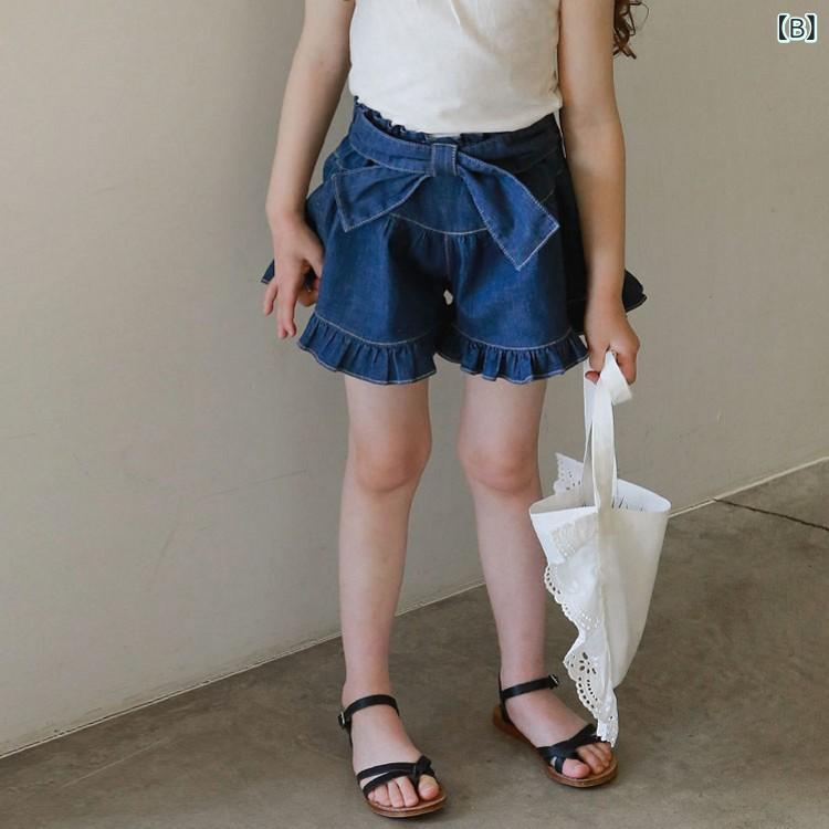 女児 デニム ショートパンツ 夏用 蝶結び 高腰 かわいい 百搭 軽量 綿100% 伸縮性 ...