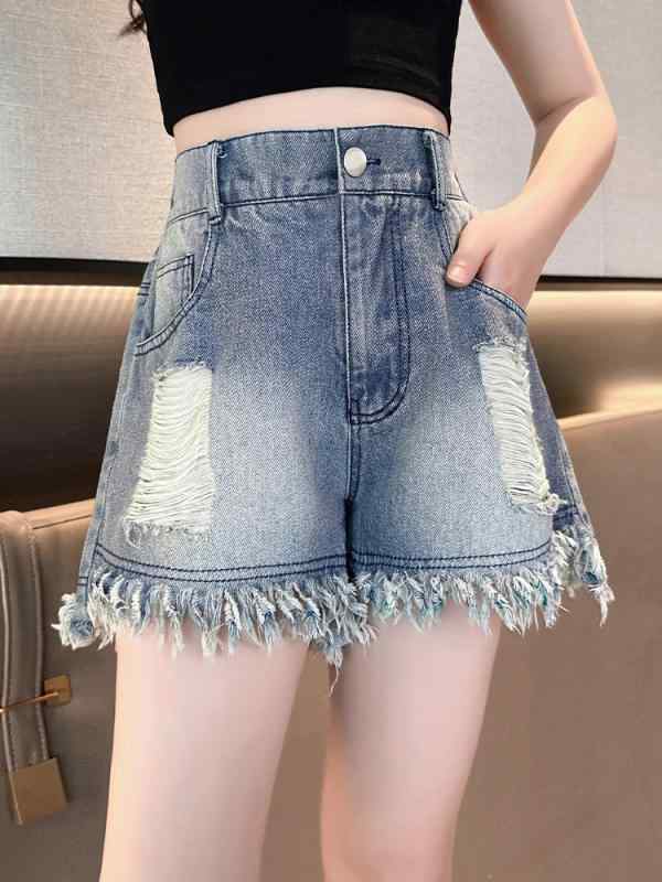 Culottes - キッズ 女の子 牛仔 短パン 破れ 加工 デニム 素材 綿 混 夏 シーズン かわいい デザイン ミディアム ウエスト ゴム バンド 軽量 伸縮性 普段使い 通学 遊び着 ビンテージ スタイル 毛羽立ち エッジ 純色 デザイン 8歳以上 140cm以上
