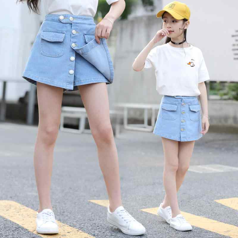 Culottes - 女児 デニム スカートパンツ 夏用 綿 素材 柔軟 処理 短パン タイプ 中腰 デザイン 牛仔ブルー 純色 学生 向け 普段使い かわいい 韓風 スタイル 潮 ファッション 切り替え ディテール 軽量 通気性 伸縮性 あり 8歳以上 中大児 向け 半身ス