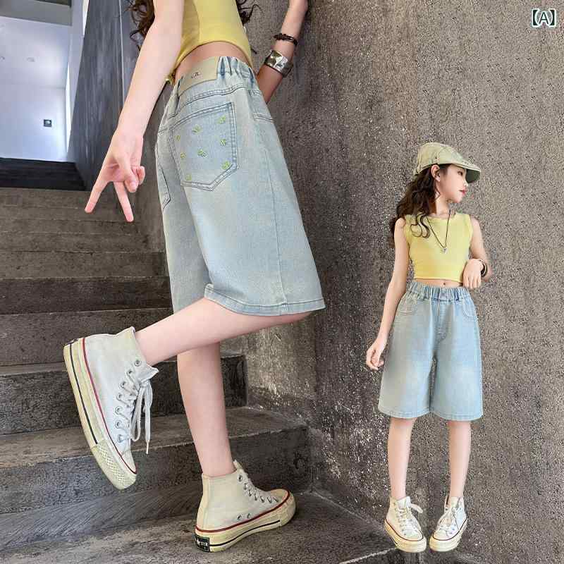 キッズ 女の子 デニム ショートパンツ 夏 綿 柔軟 加工 純色 中腰 皮バンド 腰帯 ...