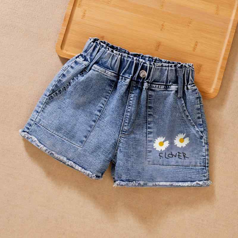 Culottes - 女の子 デニム ショートパンツ 女児 夏用 綿素材 花柄 中腰 皮バンド かわいい 普段使い 軽量 伸縮性 ブラック ブルー グリーン ピンク イエロー ホワイト 100-150cm
