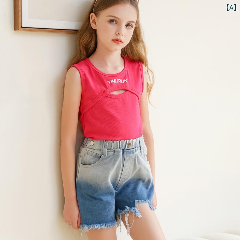 女の子 夏服 セット 牛仔 短パン トップス かわいい 韓流 スタイル 綿素材 ライトブルー 伸縮性 吸湿速乾 プリント柄 普段使い 子供服 女童 3-8歳 軽量 通気性 ビッグシルエット カジュアル