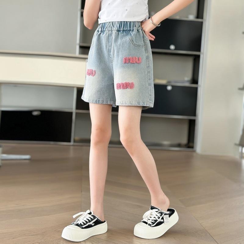 女児 スカートパンツ 夏 短パン 牛仔 綿 素材 接触冷感 高腰 ブルー 星柄 花辺 刺繍 ポケット 付 レジャー 普段使い 軽量 伸縮性 吸湿速乾 かわいい デザイン ビッグシルエット