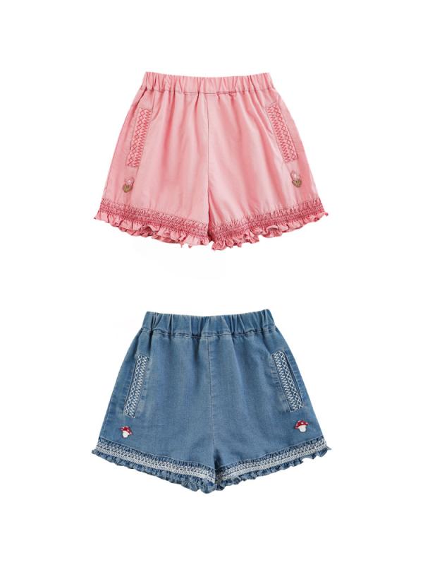 女の子 ショートパンツ 牛仔 デニム 再生繊維 中腰 切り替え かわいい キッズ 子供 女児 夏 春夏 清涼 吸湿速乾 柔軟 接触冷感 軽量 普段使い カジュアル ビッグシルエット ブルー ピンク アイボリー 通年 室内外