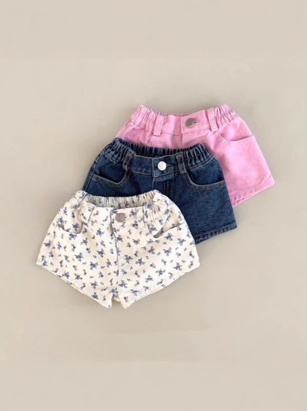 Culottes - キッズ 女の子 デニム ショートパンツ 夏用 綿素材 柔軟 ミッドライズ スリムフィット ヒップハグ かわいい 花柄 深ブルー ピンク 百搭 普段使い 軽量 通気性 伸縮性 1-6歳 73-120cm