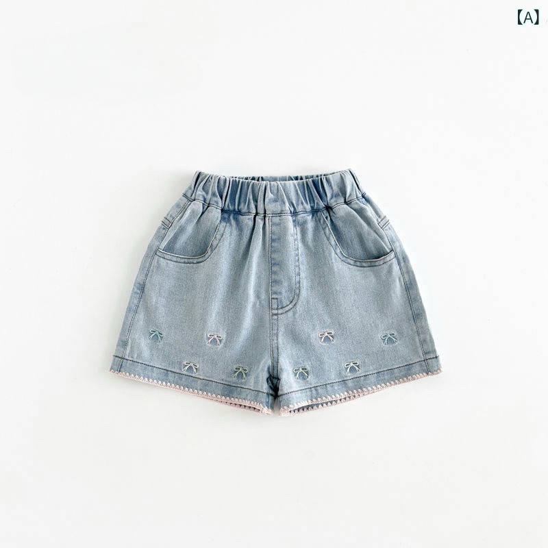 女児 デニム ショーツ 夏 綿 接触冷感 柔軟 短パン 花辺 蝶結び 刺繍 かわいい 百...