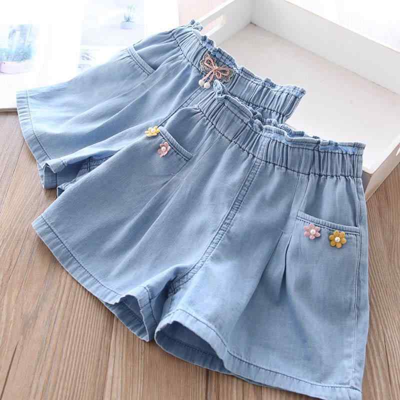 Culottes - 女児 デニム ショートパンツ 女の子用 子供 夏用 コットン 接触冷感 薄手 ハイウエスト レース 蝶結び 切り替え かわいい 百搭 軽量 吸湿速乾 普段使い 100cm 110cm 120cm 130cm 140cm 150cm