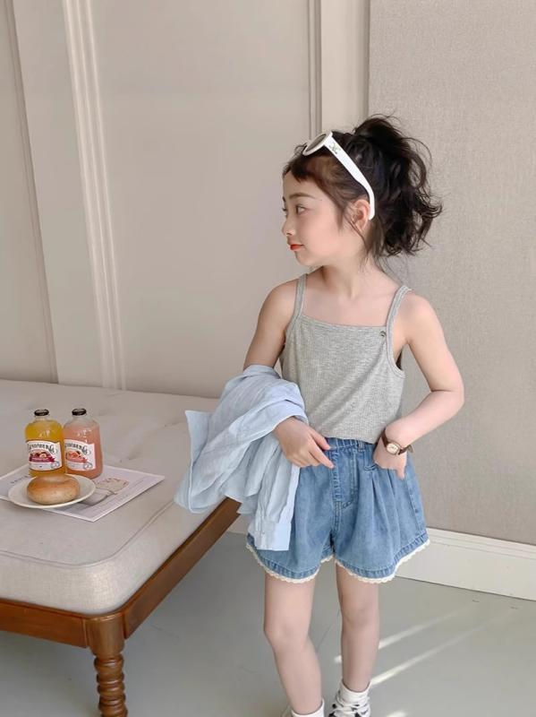 女児 キッズ 女の子 牛仔 デニム 短パン 短丈 ズボン 夏 夏季 薄手 軽量 柔らかい 綿 コットン 70% 純色 ブルー ミッドライズ 伸縮性 韓国風 スポーツ 運動 田園 かわいい トレンド ゆったり ルーズ フィット 100-150cm 3-8歳