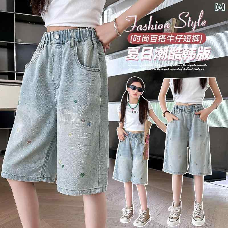 女児 キッズ 女の子 牛仔 デニム 短パン 5分丈パンツ 夏用 春夏 刺繍 花柄 フラワー プリント かわいい トレンド 薄手 柔らかい 伸縮性 高腰 ハイウエスト 松緊バンド 安全 B級 軽量 通気性 吸湿速乾 日常使い 遊び着 アウトドア 120cm