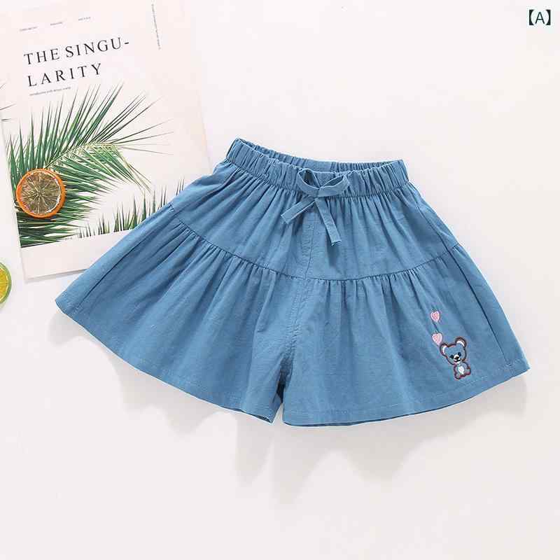 女児 デニム ショートパンツ 女童 牛仔短裤 夏用 綿100% 刺繍 かわいい プリント ベア チェリー 柄 ミドルウエスト ゴム ベルト ゆったり デザイン 運動 スタイル 子供 普段使い 軽量 伸縮性 吸湿速乾 ソフト 素材 100cm 110cm