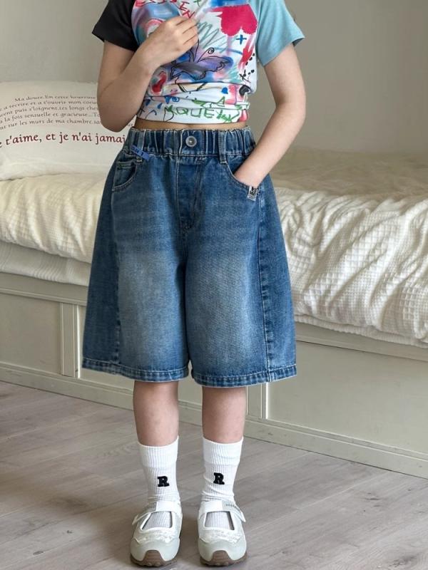 Culottes - 女児用 牛仔 ショートパンツ 夏用 キッズ 親子 ワイドレッグ ハーフパンツ 綿素材 薄手 ゆったり ミッドレングス カジュアル レディース ブルー 柔らかい 生地 無地 ミッドライズ ゴムウエスト 軽量 子供服 日常使い 120cm 130cm 140