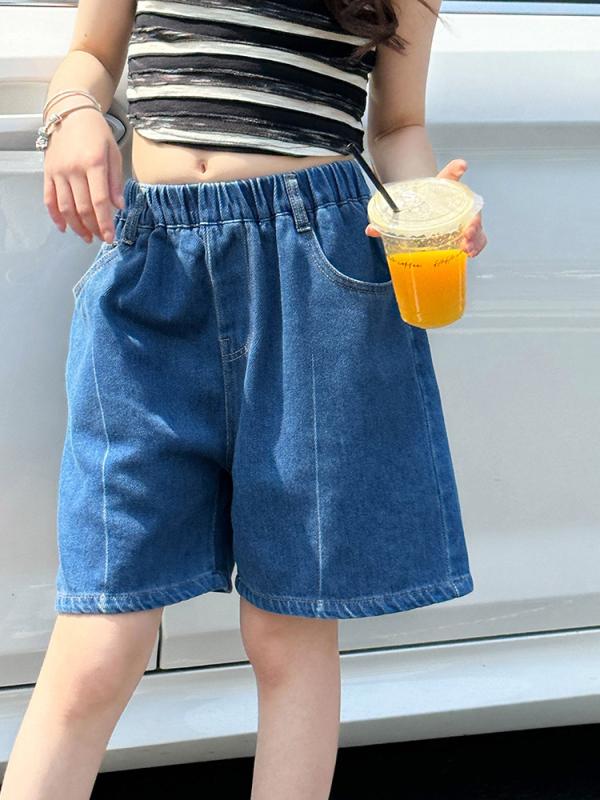 Culottes - 女の子 デニム ショートパンツ 夏 綿 素材 柔軟 処理 中腰 デザイン 5分丈 薄手 軽量 吸湿速乾 機能 ブルー 純色 子供 普段使い アクティブ スタイル 通気性 快適 伸縮性 調整 可能 カジュアル コーデ 対応
