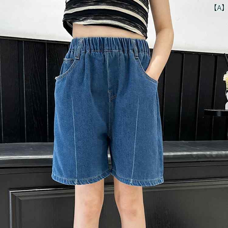 女の子 デニム ショートパンツ 夏 綿 素材 柔軟 処理 中腰 デザイン 5分丈 薄手 軽...
