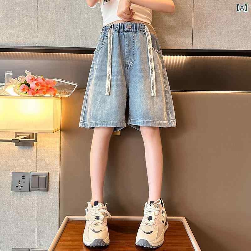 Culottes - 女児 デニム ショートパンツ 夏用 キッズ ガールズ 薄手 コットン 素材 ワイドレッグ ゆったり ミッドライズ ライトブルー 軽量 伸縮性 吸湿速乾 普段使い 学校 遊び着 クール スタイル 親子 おしゃれ ワイドシルエット コットン80パーセント 安