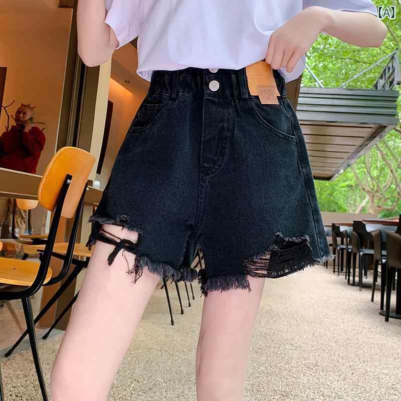 Culottes - 女児 ショートパンツ キッズ 牛仔 デニム 熱パンツ 夏 春夏 女の子 短パン 破れ デザイン タグ 付き 高腰 伸縮性 綿 素材 軽量 柔軟 加工 黒 ライトブルー 120cm 130cm 140cm 150cm 160cm 170cm 中大童 8歳以