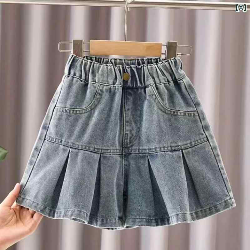 裤裙 - 女児 デニム ショートパンツ 夏用 スカートパンツ 九分丈 ハイウエスト 薄手 切り替え デザイン 接触冷感 綿混紡 ポリエステル 再生繊維 軽量 伸縮性 吸湿速乾 ブルー かわいい 普段使い 遊び着