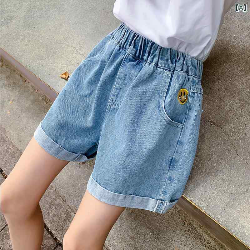 Culottes - 女の子 デニム ショーツ 夏 子供 半ズボン 綿100% 薄手 ゆったり 熱パンツ 軽量 伸縮性 吸湿速乾 浅ブルー ミッドライズ ゴムウエスト 親子コーデ スポーツ トレンド 韓流スタイル 8歳以上 140cm以上 通年 普段使い アウトドア