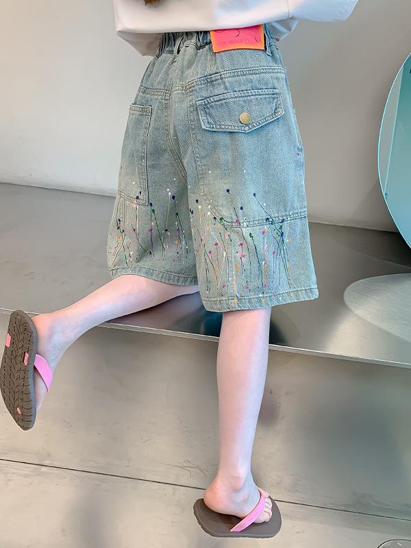 女児 デニム ショートパンツ 夏 子供服 韓国風 スタイリッシュ 中長丈 中大童 薄手 綿素材 柔軟 酵素洗い 純色 ミディアムウエスト ゴム腰 デニムブルー 120cm 130cm 140cm 150cm 160cm 170cm 通気性 軽量 カジュア