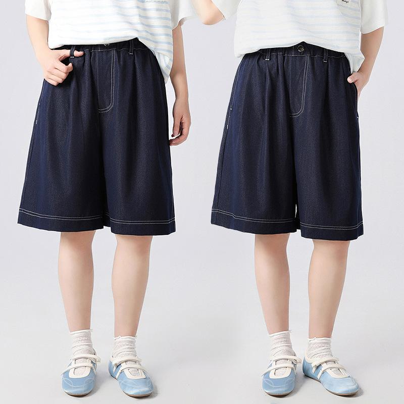 Culottes - 女児 ショーツ 夏季 薄手 デニム 再生繊維 膝上丈 膝丈 ミッドライズ ワイドレッグ ゆったり 涼しい 吸湿速乾 伸縮性 コットン混 ポリエステル ブルー 深色 普段使い 遊び着 学校用 基本デザイン シンプル 女の子 ジュニア ティーン 8歳以上 1