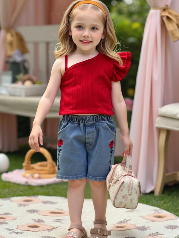 女児 牛仔 ショートパンツ セット 夏 赤 トップス 綿素材 伸縮性 軽量 通気性 普段使い 子供服 赤ちゃん 女の子 3-8歳 100-140cm 欧米スタイル 赤い 熱パンツ 背心 デニム 吸湿速乾 快適 遊び着