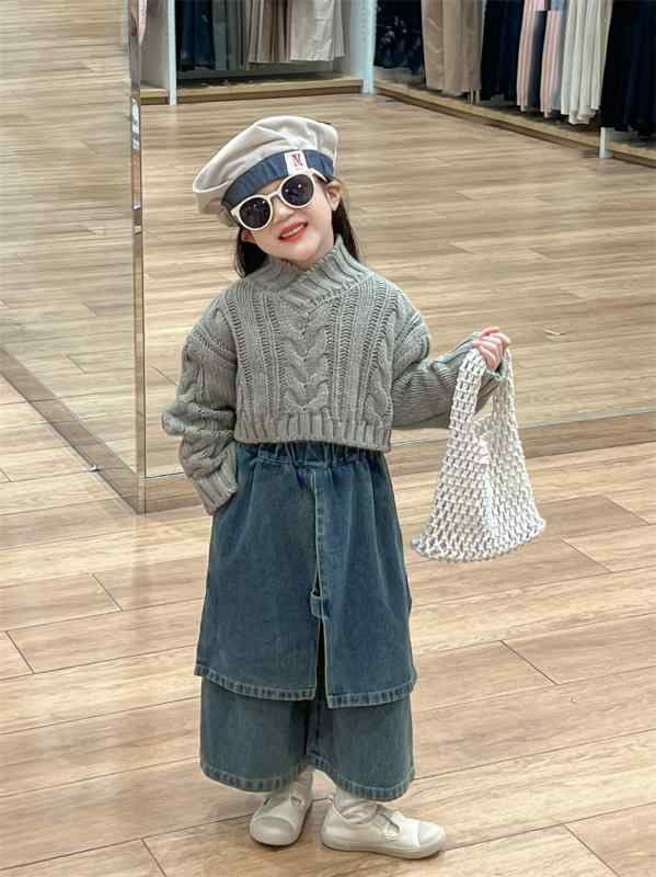 Culottes - 女児 トップス ケーブルニット 長袖 Vネック セットアップ 女の子 ニットセーター スカートパンツ 柔らか素材 腈纶 100パーセント 英倫風 トレンド 春秋 普段使い 3〜8歳 90〜140センチ かわいい 復古 普通厚み セット コーディネート