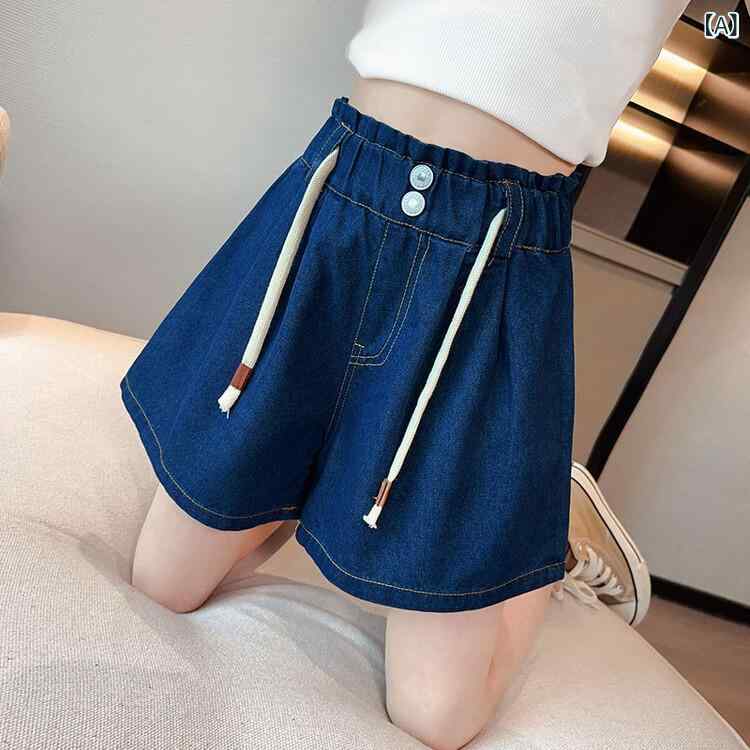Culottes - 女児用 スカートパンツ 牛仔 ショートパンツ 夏 キッズ 女の子 中大童 ゆったり ルーズフィット 外穿 デニム コットン 60% 高腰 ドローストリング 軽量 薄手 柔軟 加工 深ブルー 純色 トレンド スタイル 普段使い アクティブ 遊び着 伸縮性
