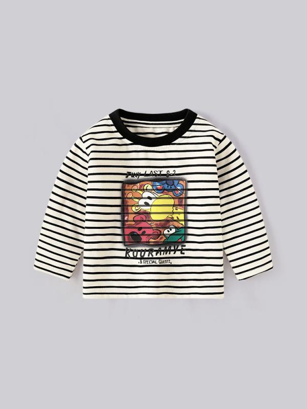 子供服 男の子 女の子 長袖 Tシャツ トップス 条紋 柄 カード プリント 丸首 保暖 インナー シャツ 柔らかい ポリエステル 繊維 軽量 伸縮性 春秋 秋冬 ユニセックス 韓風 ルーズフィット 3～8歳