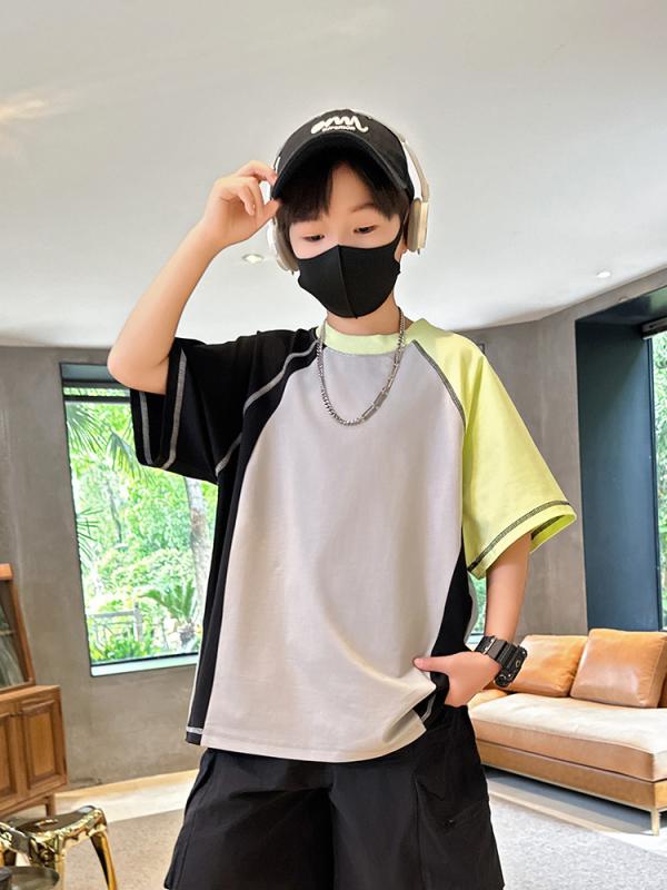 乐天商城 - 男の子 子供 Tシャツ トップス 短袖 切り替え 春夏 夏用 綿混紡 吸湿速乾 柔らかい 丸首 ゆったり シルエット グレー系 120cm 130cm 140cm 150cm 160cm 170cm