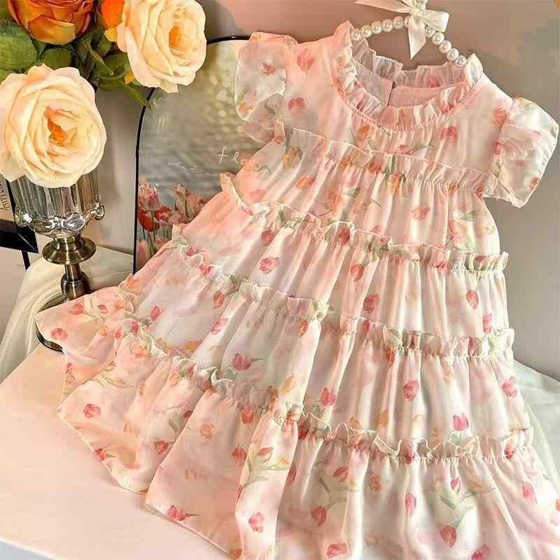 女の子 ワンピース 子供服 夏用 短袖 フリル 袖 花柄 スカート かわいい プリンセス スタイル 仙女 デザイン 中大童 140cm以上 ヴィンテージ 綿混 軽やか 素材 吸湿速乾 通気性 良い 日常使い 遊び着 ピンク系 アイボリー カラー ビッグシ