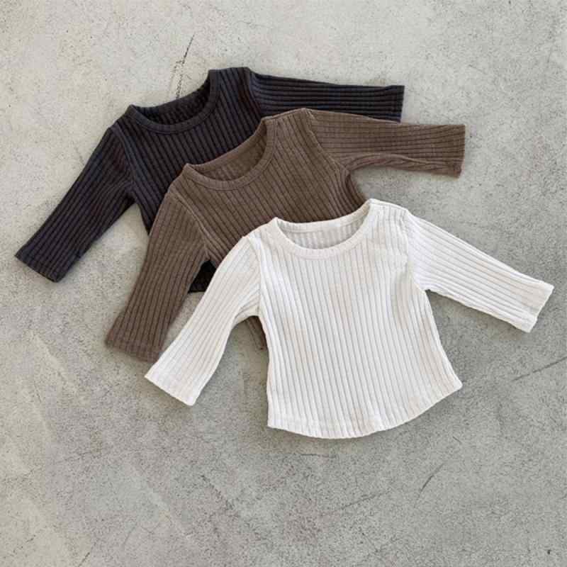 キッズ Tシャツ 男女共用 長袖 丸首 シンプル ストライプ トップス ベビー 吸湿速乾 綿素材 柔らかい 肌触り 春秋 ユニセックス インナー ユニフォーム ホワイト モカブラウン チャコールグレー